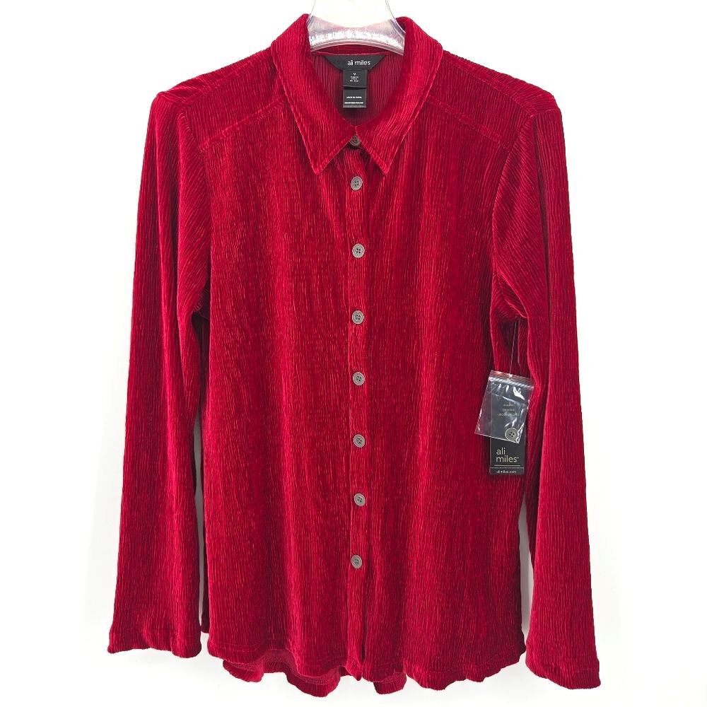 Ali Miles Crinkle Button Up Down Tunic Top Womens Size Medium Velvet Lagenlook